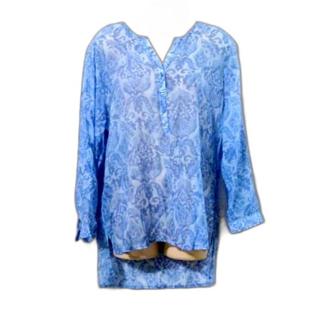 Grand & Greene Sheer Blue Print Tunic Blouse Top *